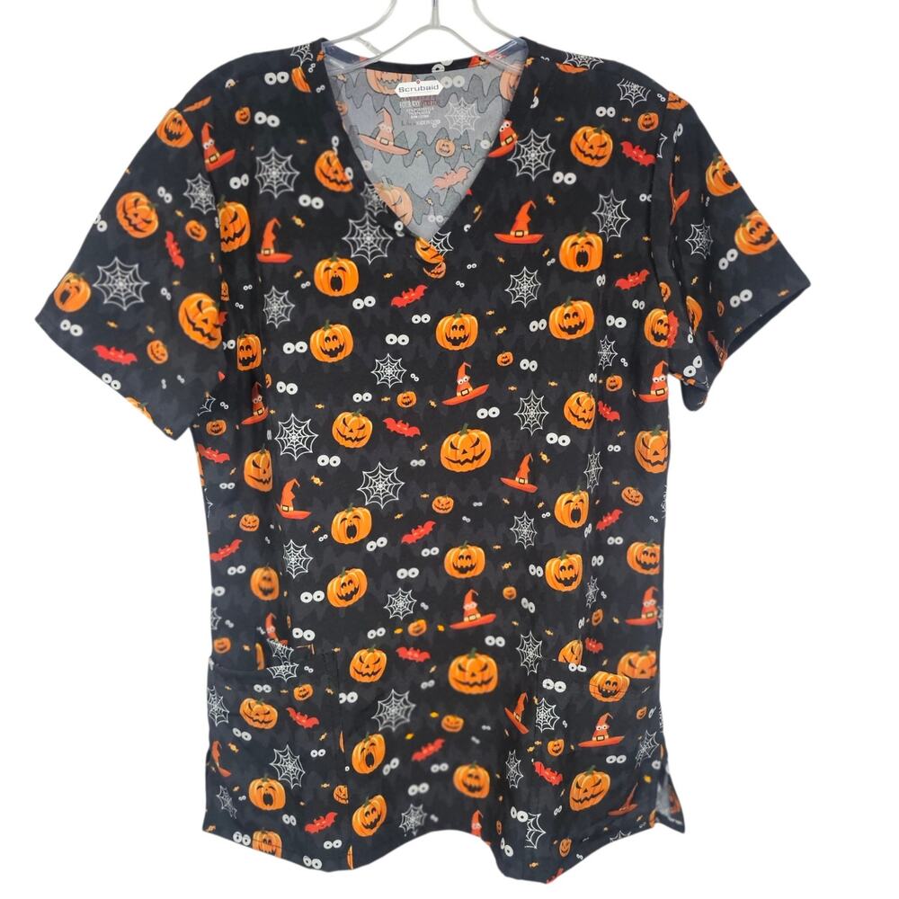 Scrubaid Tapered Fit Four-Way Stretch Halloween Print V-Neck Scrub Top Size L